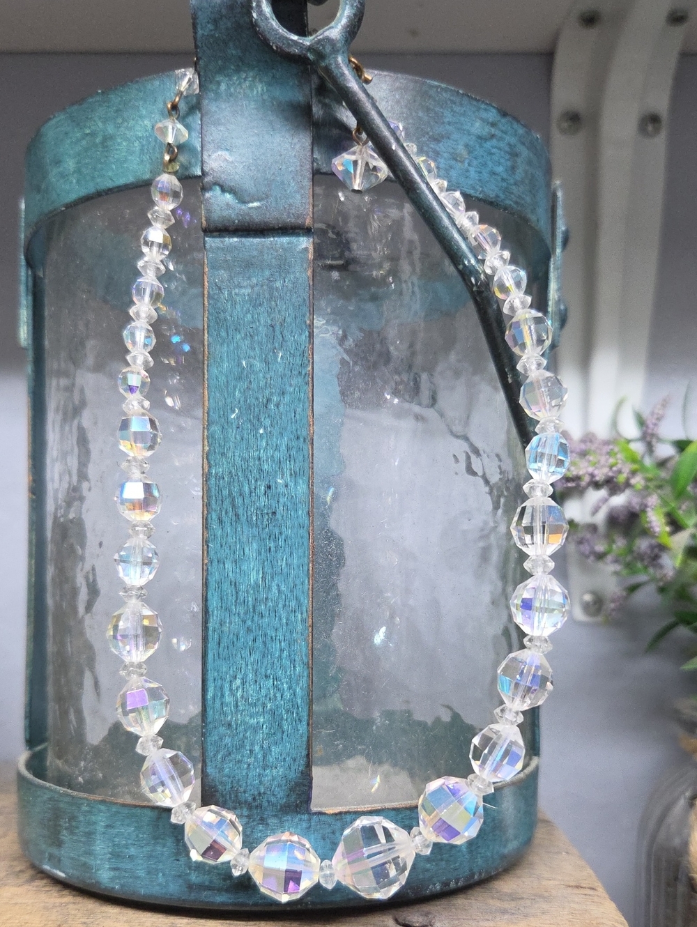 Vintage Aurora Crystal Bead Necklace - Clear Iridescent